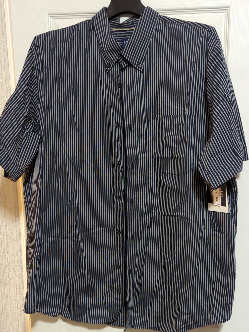 Basic Editions Navy and White Striped Short-Sleeve Button-Down Shirt